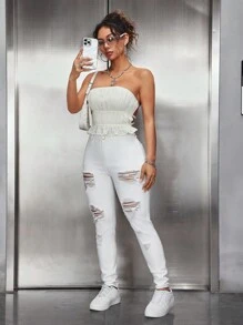 SHEIN PETITE Women's Pocket & Distressed Skinny Casual Versatile Denim Jeans