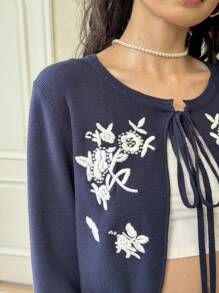 EastFlair Blusa casual de manga larga con bordado floral y lazo delantero, para uso diario