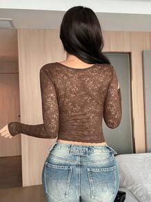 DAZY Blusa de encaje marrón con tonos de café, primavera/verano