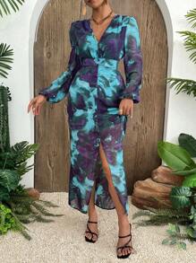 Breezaya Women V-Neck Long Sleeve Floral Print Split Hem Fitted Dress