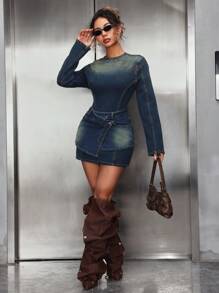 SHEIN ICON Women's Stand Collar Long Sleeve Fitted Short Denim Dress