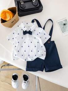 SHEIN Set de 2 piezas de top de punto y pantalones cortos informales para niño/niña pequeños, adecuado para uso diario en primavera/verano y eventos como fiesta de cumpleaños, bautizo, 1er cumpleaños, fiesta de noche, actuación, boda