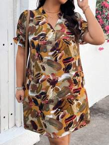 EMERY ROSE Plus Size Summer Holiday Casual All-Over Print Notch Neck Puff Sleeve Dress