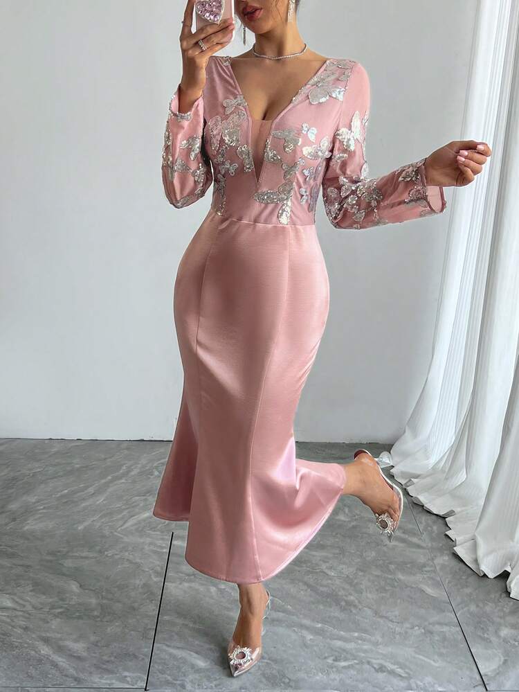 Fitted Sequin Organza Net Patchwork Bowknot Fishtail Dress For Women, Suitable For Party, Wedding Prom Dress, Fall Dress Long Sleeve Dress Carnival Dress Floral Dresses For Women