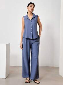EastFlair 2pcs Women's Solid Color Sleeveless Button Up Shirt And Pants Set - Blue - View 6