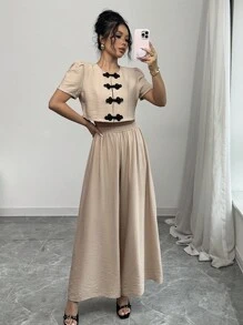 SHEIN Unity 2 件套法式优雅百搭中国风纽扣设计短袖上衣和阔腿七分裤套装，卡其色女装春夏装 - 卡其色 - 查看 5
