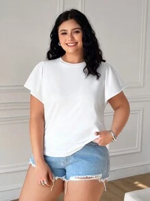 SHEIN EZwear Plus Size Effen Kleur Ronde Hals Korte Mouw Minimalistische Top, Casual Dagelijkse Kleding