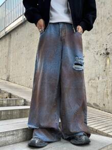 Manfinity EMRG Pantalones vaqueros holgados, anchos y desgastados con bolsillos para hombre