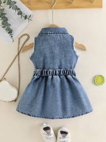 SHEIN Thời trang bé gái thanh lịch và sành điệu phong cách đường phố: Áo khoác denim xanh nhạt phối cùng chân váy cùng màu, thích hợp cho mùa hè. - Màu xanh lam - Xem 2
