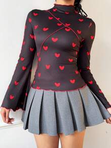 SHEIN Essnce Women's Valentine's Day Red Heart Print Stand Collar Long Sleeve Bell Sleeves Heart Print Slim Fit Casual T-Shirt,For Summer/Spring 2025 New - Black - View 1