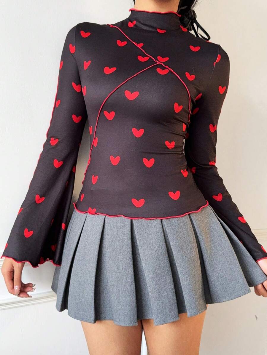 SHEIN Essnce Women's Valentine's Day Red Heart Print Stand Collar Long Sleeve Bell Sleeves Heart Print Slim Fit Casual T-Shirt,For Summer/Spring 2025 New - Black - View 1