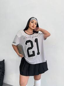 POPSWAY Camiseta casual de mujer de talla grande con estampado de letras y números, cuello en V, para el verano