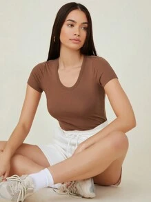 SHEIN BASICS 女士纯色圆领短袖修身休闲 T 恤 - 咖啡棕 - 查看 6