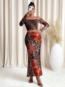 SHEIN Clasi Elegant Women's Leopard Print Flower Print Pleated See Through Mesh Knitted Top And Hip Hugging Straight Leg Skirt, Suitable For Wearing In Various Occasions