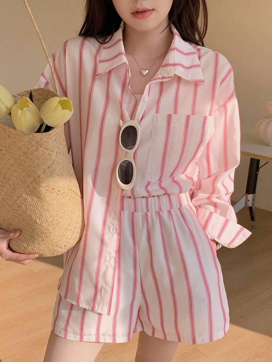 DAZY 2pcs Women Loose Striped Shirt And Shorts Set,Fall Women Clothes Lounge Sets For Women - Pink - View 1