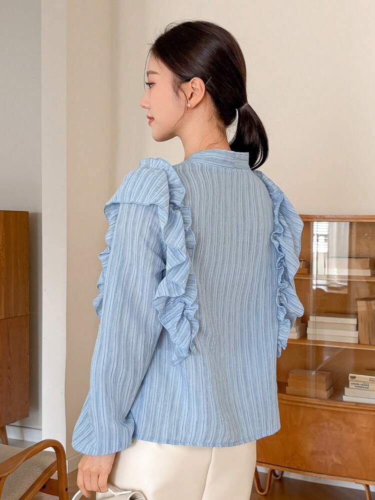 Women Striped V-Neck Ruffled Blouse,Fall Women Clothes Long Sleeve Top