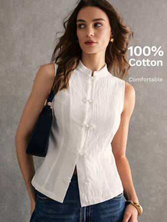 Poéselle Women's Solid Color Front Button Sleeveless Tank Top, Casual Everyday Wear,New Chinese Style,2024 AW, Winter Clothes