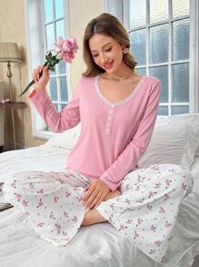 CottageSlumber Lace Patchwork Collar Decor Button Down Romantic Ditsy Floral Pajama Set For Girls