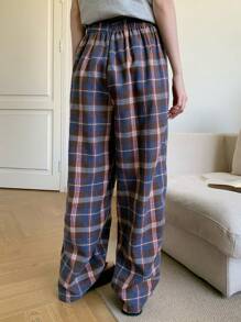DAZY 女式松紧腰休闲格子宽松家居裤 - 咖啡棕 - 查看 2