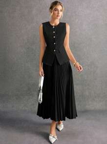 Poéselle 2pcs/Set Women Front Button Sleeveless Minimalist Blouse And Mini Skirt Suit In Fall/Winter - Black - View 2