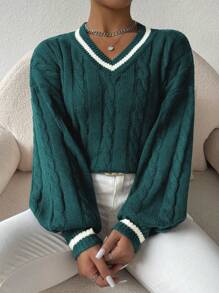 SHEIN LUNE Women Contrast Color V-Neck Long Sleeve Sweater For Autumn/Winter