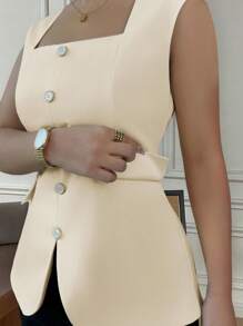 Gloray 优雅时尚方领无袖露背短款上衣，修身设计 - 杏色 - 查看 5