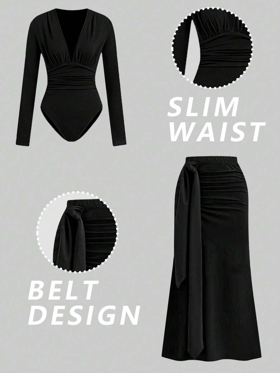 SHEIN Clasi 女士时尚休闲性感 2 件套：深 V 领褶皱拼接肩部修身紧身衣和系带长鱼尾裙，黑色罗纹针织材质，春夏 - 黑色 - 查看 1