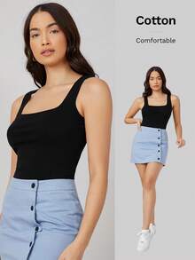 SHEIN BASICS Top de tirantes de cuello cuadrado de color liso, moda simple, casual de uso diario, top de verano - Negro - Ver 7