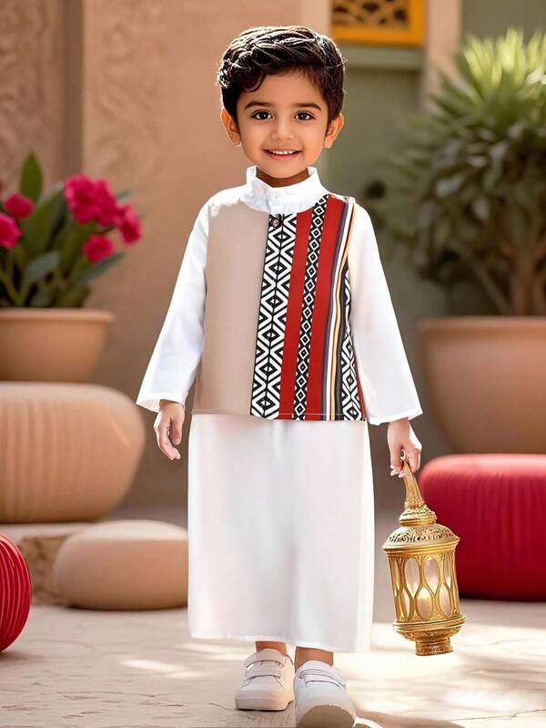 2pcs/Set Young Boy Casual Sleeveless Vest And Long Sleeve Dress Outfit, Minimalist And Fashionable For Daily Wear