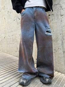 Manfinity EMRG Pantalones vaqueros holgados, anchos y desgastados con bolsillos para hombre