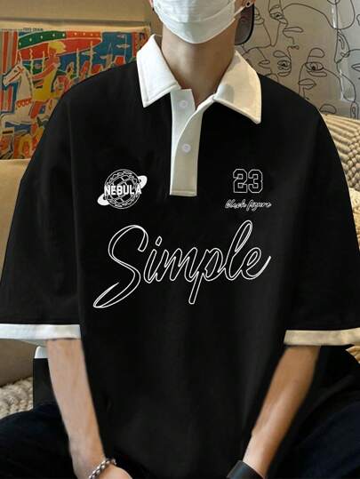 SHEIN 青少年男孩拼色领子学院风字母印花休闲学院风舒适时尚实用百搭可爱柔软适合日常、上学、旅行、运动