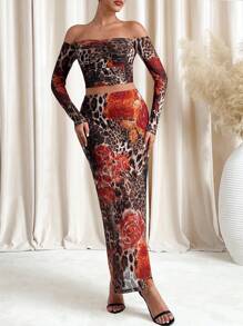 SHEIN Clasi Elegant Women's Leopard Print Flower Print Pleated See Through Mesh Knitted Top And Hip Hugging Straight Leg Skirt, Suitable For Wearing In Various Occasions