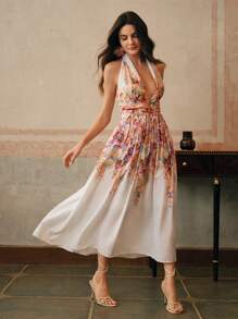 Anewsta Vestido de mujer con elegante escote pronunciado, ajustado, de tirantes, con estampado floral, sin mangas, de vuelo, para el verano