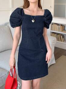 DAZY Dames vierkante hals korte pofmouwen getailleerde casual denim jurk zomerjurk