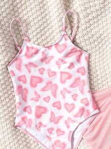 Young Girls One-Pieces - Adorable & Modest Pink Butterfly Digital Print Two-Piece Set. Features A Spaghetti Strap One-Piece Swimsuit With A Matching Sheer Mesh Cover Skirt. Fashionable, Casual, And Elegantly Sweet Design. Perfect For Swimming, Summer Vacations, Beach Trips, Pool Parties, And Holiday Getaways. - Multicolor - View 3