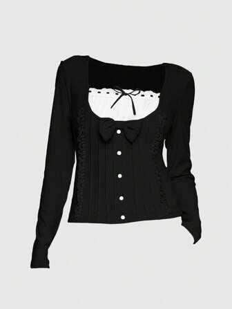 Kawaii Camiseta de manga larga para mujer con decoración de lazo, 2 en 1, tierna y dulce