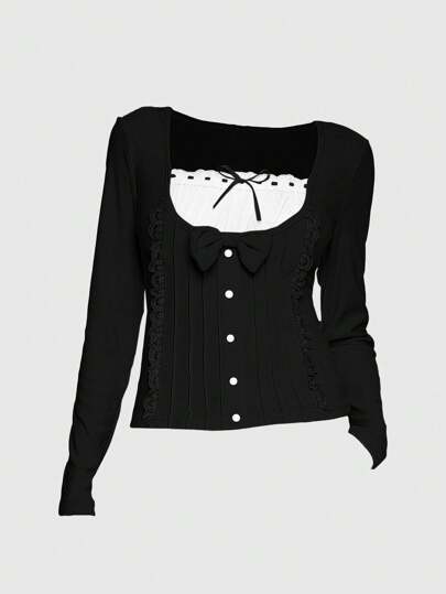 Kawaii Tee-shirt manches longues 2 en 1 pour femmes avec décoration nœud mignon et doux