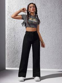 SHEIN EZwear Jeans Casual de Cor Sólida Feminina, Fashion para Uso Diário - Preto - Visão 3