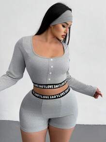 Flirla Bộ 2 chiếc/Bộ áo thun dài tay màu xám cỡ lớn và quần short, trang phục thể thao thường ngày thời trang - Xám - Xem 6