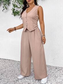 SHEIN Frenchy Women Plus Size Vest & Pants Set, Fashion Casual Spring/Summer New Textured 2 Pieces Set In Apricot