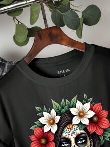INAWLY Camiseta de mujer de ajuste regular con estampado de calavera de azúcar mexicana y floral - Negro - Ver 4