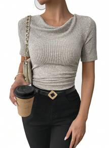 Calvaya Vintage Asymmetric Frill Collar Ruched Slim Fit Ribbed Short Sleeve T-Shirt