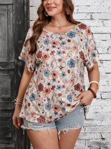 SHEIN VCAY Plus Size Bloemen Allover Print Ronde Hals Korte Mouw Casual T-shirt