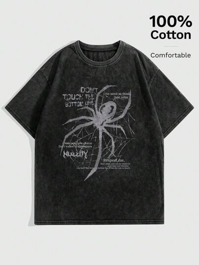 Grunge Punk Camiseta de manga corta con estampado de lema vintage y desgastado de araña, lavado en nieve, apropiada para estilo callejero hip hop y festivales de música "NO TOQUES LA LÍNEA DE ABAJO", para uso escolar, unisex