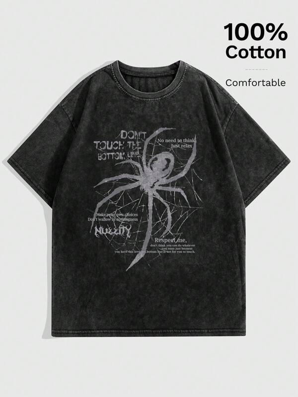 ROMWE Grunge Punk Vintage & Distressed Spider Slogan Print Snow Washed Short Sleeve T-Shirt For Women, Suitable For Hip Hop Street Style And Music Festivals DON'T TOUCH THE BOTTOM LINE, School, Unisex