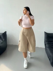 POPSWAY Plus Size Solid Color Casual Minimalist Versatile Sport Wide Loose Academic Flared Zipper Drawstring Cargo Pocket Shorts, Spring/Summer