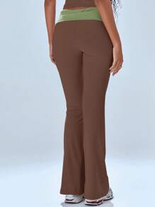 MUSERA Fold Over Contrast Waist Flare Trousers Casual Thanksgiving Summer - Brown - View 2