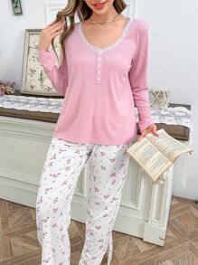 CottageSlumber Lace Patchwork Collar Decor Button Down Romantic Ditsy Floral Pajama Set For Girls