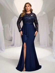 Glamrae Vestido elegante y romántico de manga larga con cuello redondo, cintura acampanada y borde de volantes tipo cola de sirena, con aplicaciones de cuentas y tela de malla transparente, en talla grande, color azul marino, adecuado para fiestas formales, eventos, ceremonias, celebraciones, cenas de gala, vestido de invitada de boda, vestido de fiesta, vestido de noche