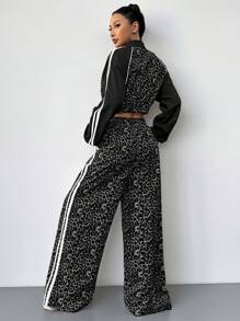 Coolane Conjunto de dos piezas de mujer con chaqueta estilo atlético de mezcla de estampado de leopardo y pantalón ancho de chándal para salir